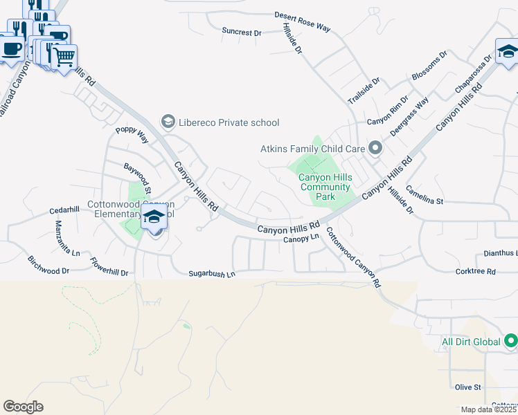 map of restaurants, bars, coffee shops, grocery stores, and more near 33705 Mistflower Court in Lake Elsinore