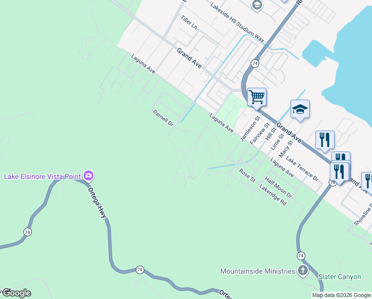 map of restaurants, bars, coffee shops, grocery stores, and more near Bowmore Way in Lake Elsinore
