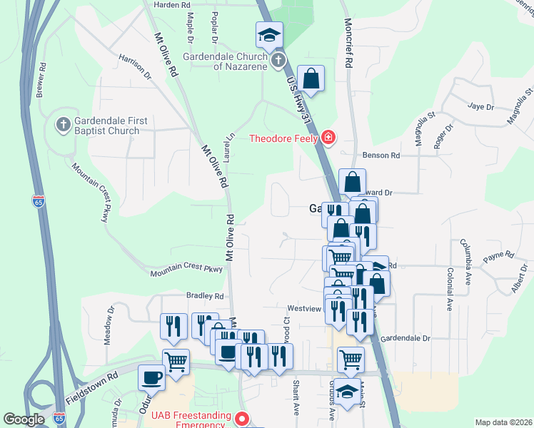 map of restaurants, bars, coffee shops, grocery stores, and more near 327 Donna Drive in Gardendale