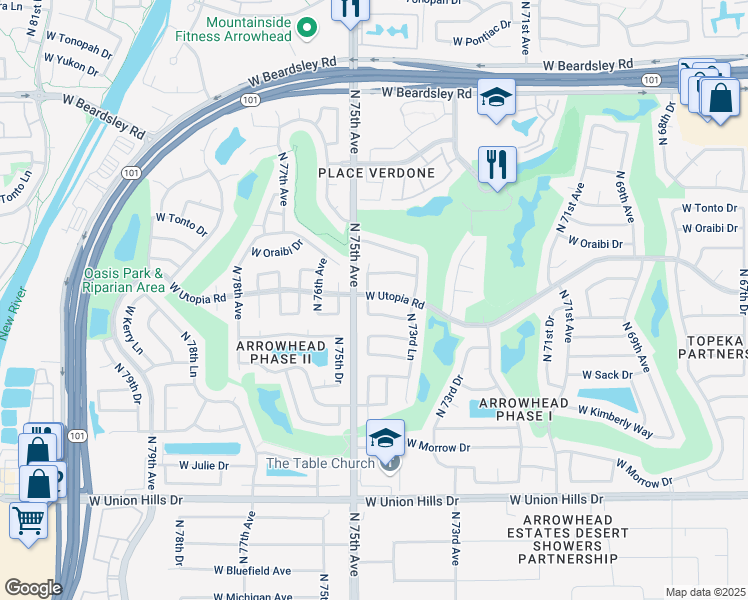 map of restaurants, bars, coffee shops, grocery stores, and more near 19321 North 74th Drive in Glendale