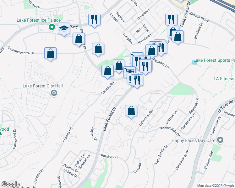 map of restaurants, bars, coffee shops, grocery stores, and more near 26242 Fern Glen in Lake Forest