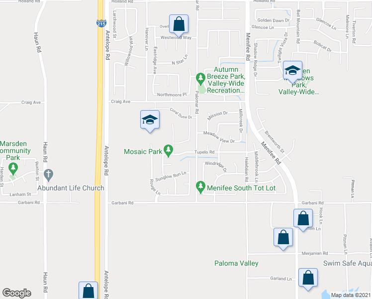 map of restaurants, bars, coffee shops, grocery stores, and more near 28450 Tupelo Road in Menifee