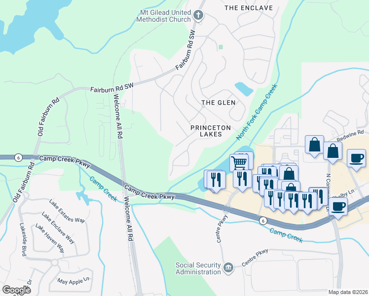map of restaurants, bars, coffee shops, grocery stores, and more near 3932 Princeton Lakes Way in Atlanta