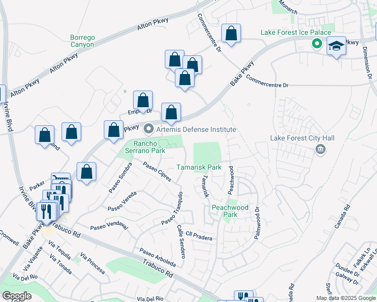 map of restaurants, bars, coffee shops, grocery stores, and more near 20892 Avenida Amapola in Lake Forest