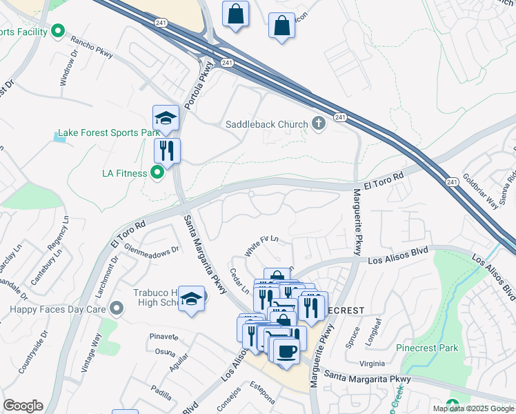 map of restaurants, bars, coffee shops, grocery stores, and more near 20702 El Toro Road in Lake Forest