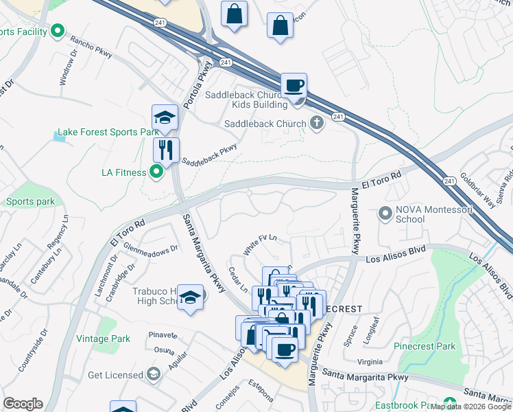 map of restaurants, bars, coffee shops, grocery stores, and more near 20702 El Toro Road in Lake Forest
