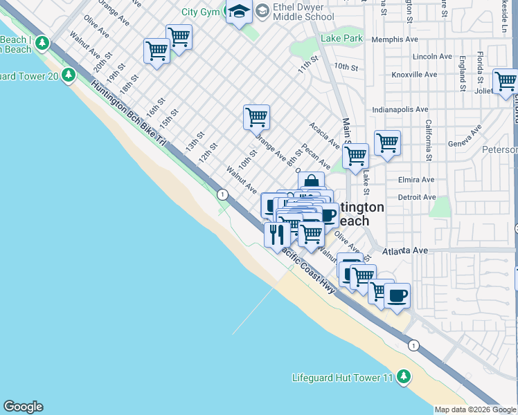 map of restaurants, bars, coffee shops, grocery stores, and more near 118 8th Street in Huntington Beach