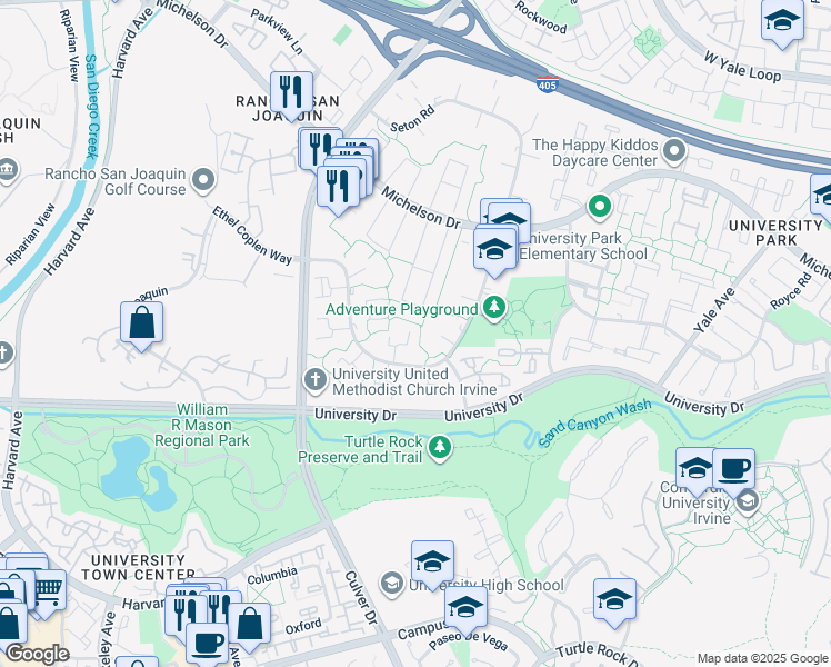 map of restaurants, bars, coffee shops, grocery stores, and more near 22 Meadowsweet Way in Irvine