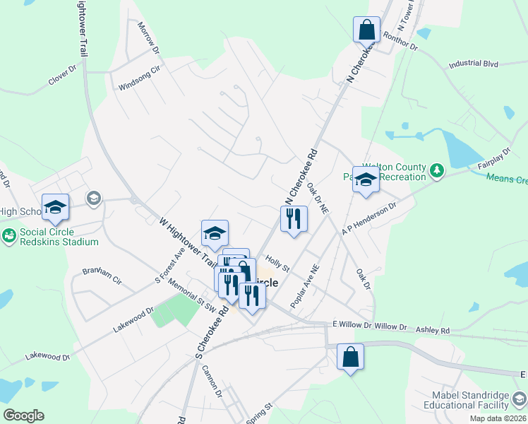 map of restaurants, bars, coffee shops, grocery stores, and more near 375 North Cherokee Road in Social Circle