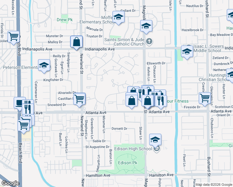 map of restaurants, bars, coffee shops, grocery stores, and more near 20900 Greenfield Lane in Huntington Beach