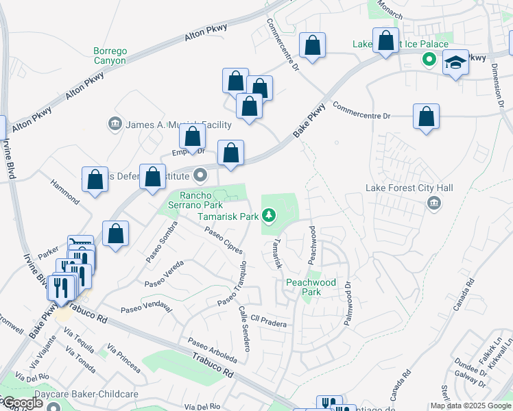 map of restaurants, bars, coffee shops, grocery stores, and more near 20892 Avenida Amapola in Lake Forest