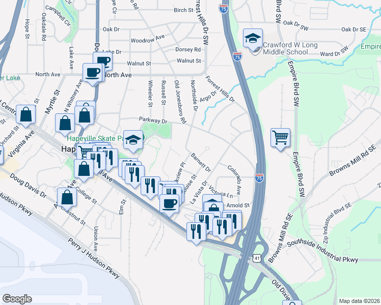 map of restaurants, bars, coffee shops, grocery stores, and more near 799 Barnett Drive in Hapeville