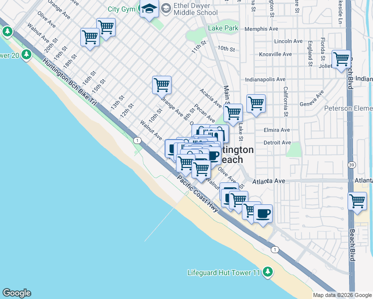 map of restaurants, bars, coffee shops, grocery stores, and more near 225 6th Street in Huntington Beach