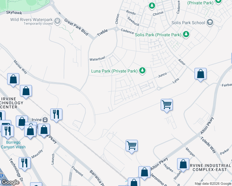 map of restaurants, bars, coffee shops, grocery stores, and more near 760 Gadwall in Irvine