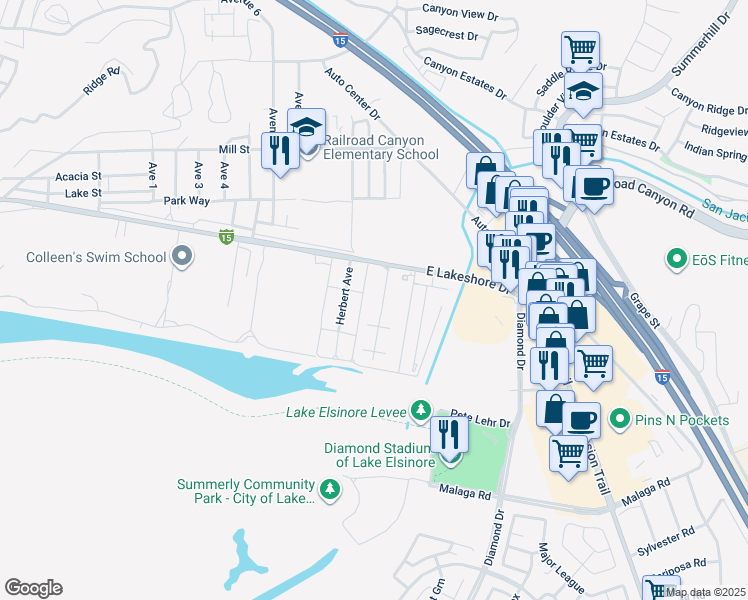 map of restaurants, bars, coffee shops, grocery stores, and more near 1800 East Lakeshore Drive in Lake Elsinore
