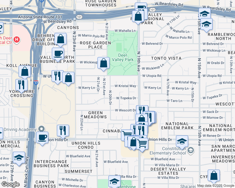 map of restaurants, bars, coffee shops, grocery stores, and more near 19210 North 20th Avenue in Phoenix