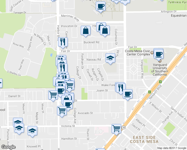 map of restaurants, bars, coffee shops, grocery stores, and more near 2355 Rutgers Drive in Costa Mesa