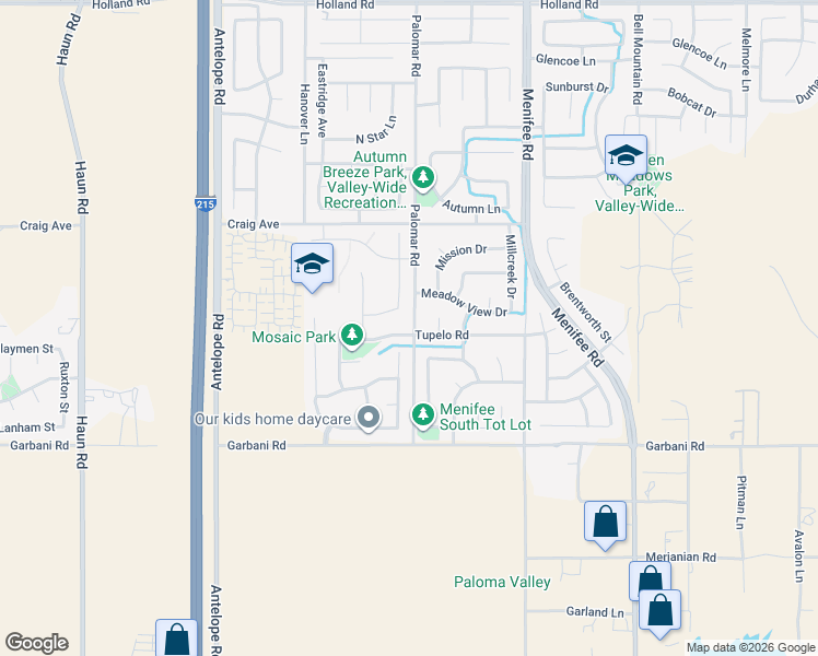map of restaurants, bars, coffee shops, grocery stores, and more near 28450 Tupelo Road in Menifee