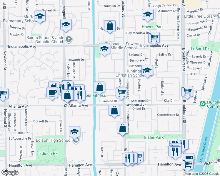 map of restaurants, bars, coffee shops, grocery stores, and more near 9351 Comstock Drive in Huntington Beach