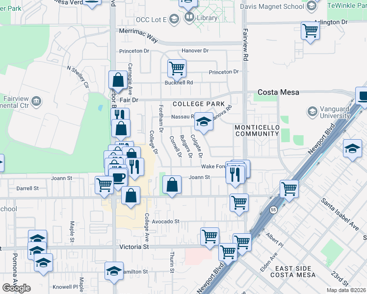 map of restaurants, bars, coffee shops, grocery stores, and more near 2355 Rutgers Drive in Costa Mesa