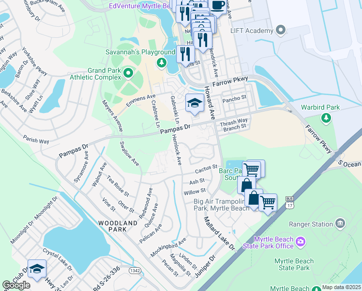 map of restaurants, bars, coffee shops, grocery stores, and more near 3591 Evergreen Way in Myrtle Beach