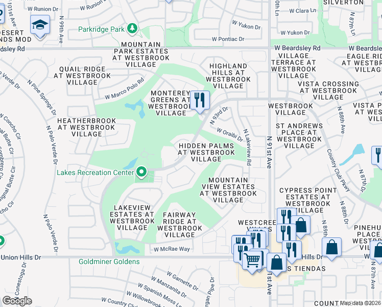 map of restaurants, bars, coffee shops, grocery stores, and more near 19224 North 93rd Drive in Peoria