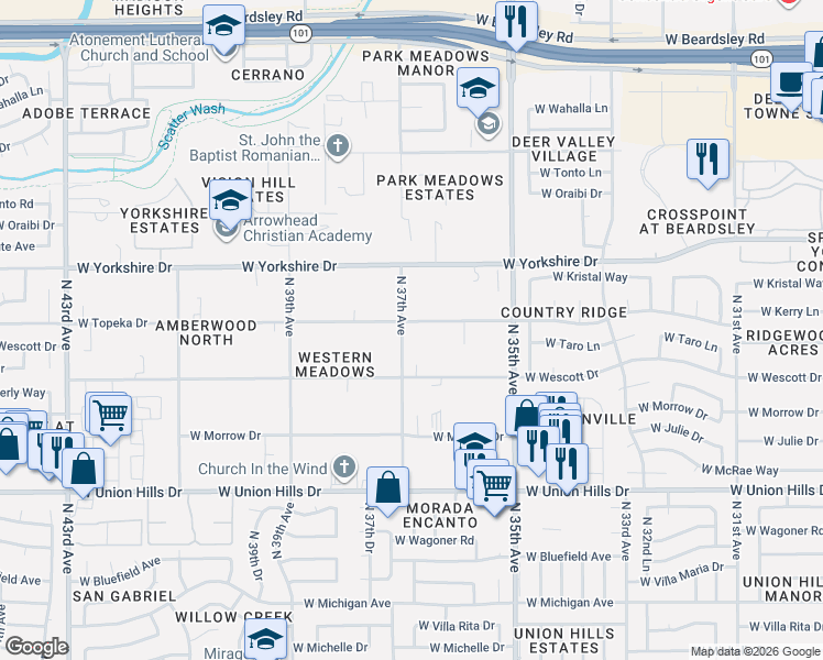 map of restaurants, bars, coffee shops, grocery stores, and more near 3649 West Topeka Drive in Glendale