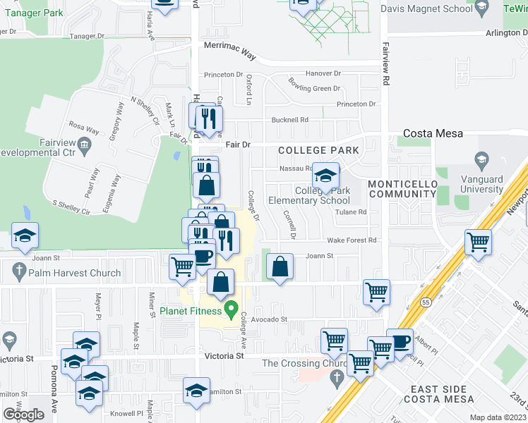 map of restaurants, bars, coffee shops, grocery stores, and more near 2355 Fordham Drive in Costa Mesa
