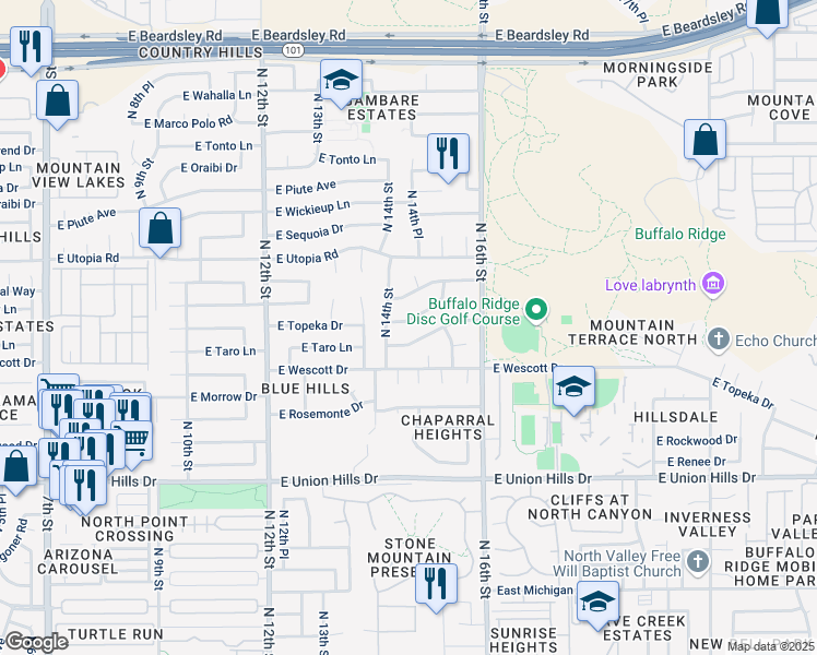 map of restaurants, bars, coffee shops, grocery stores, and more near 1417 East Kerry Lane in Phoenix