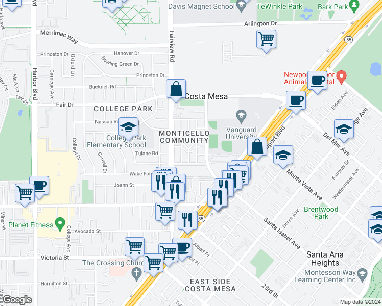 map of restaurants, bars, coffee shops, grocery stores, and more near 2344 Ticonderoga Way in Costa Mesa