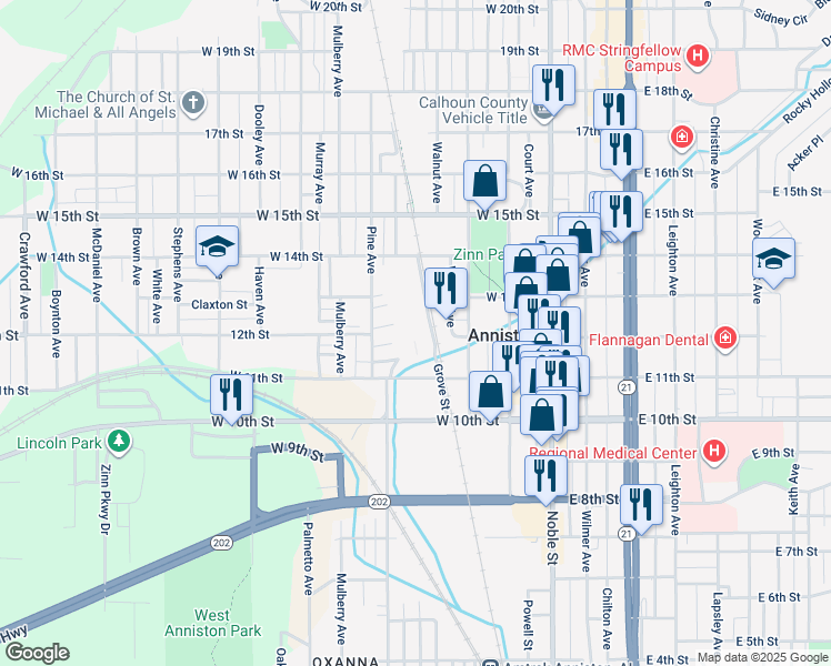 map of restaurants, bars, coffee shops, grocery stores, and more near 415 West 11th Street in Anniston