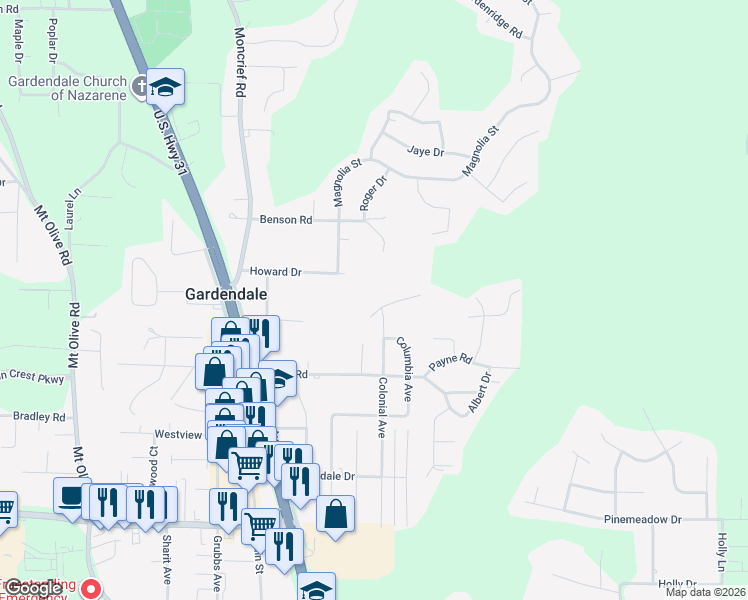 map of restaurants, bars, coffee shops, grocery stores, and more near 312 Cliff Road in Gardendale