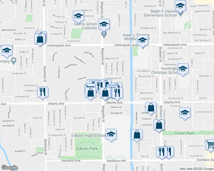 map of restaurants, bars, coffee shops, grocery stores, and more near 9032 5 Harbors Drive in Huntington Beach
