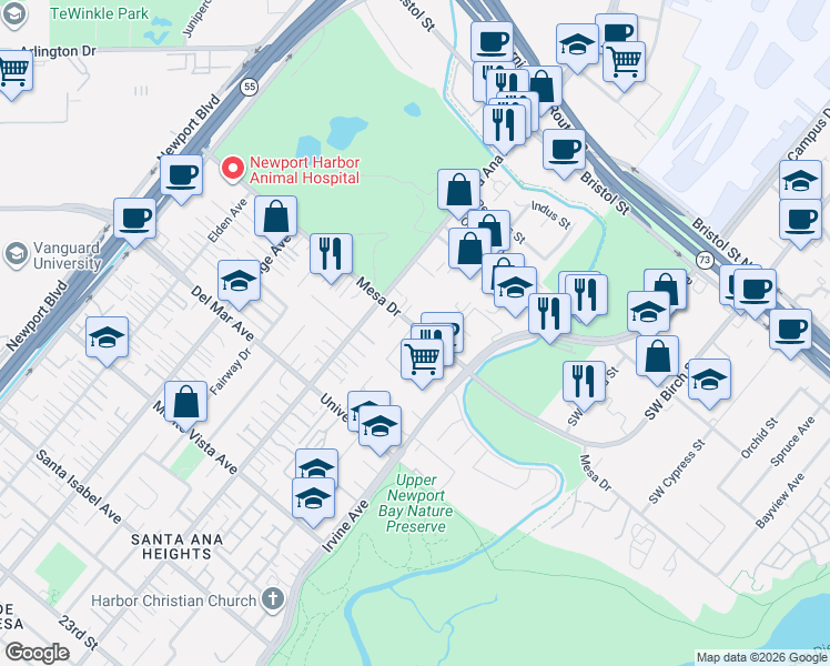map of restaurants, bars, coffee shops, grocery stores, and more near 2698 Redlands Drive in Costa Mesa