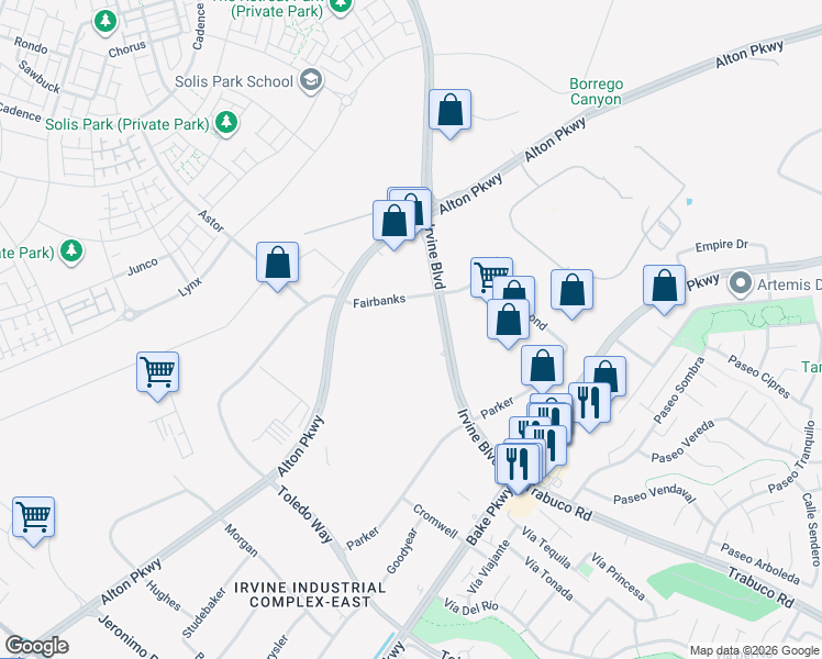 map of restaurants, bars, coffee shops, grocery stores, and more near 9740 Irvine Boulevard in Irvine