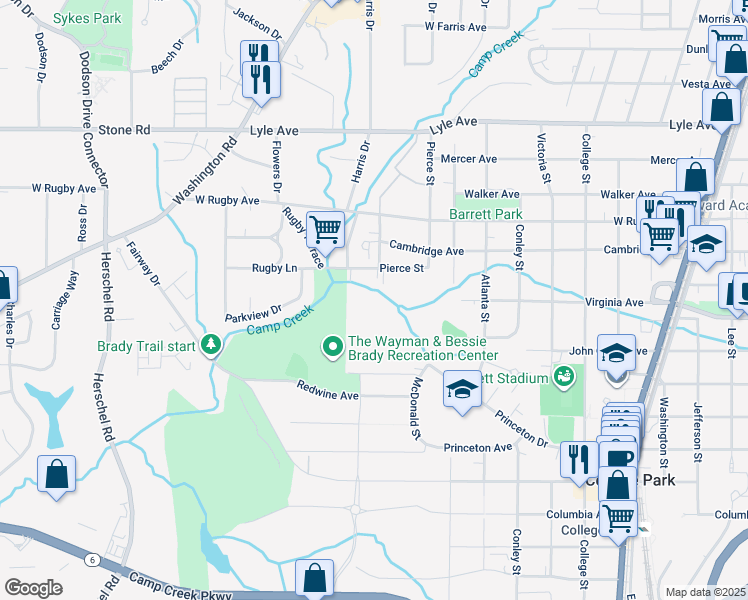 map of restaurants, bars, coffee shops, grocery stores, and more near 3472 Harris Drive in College Park