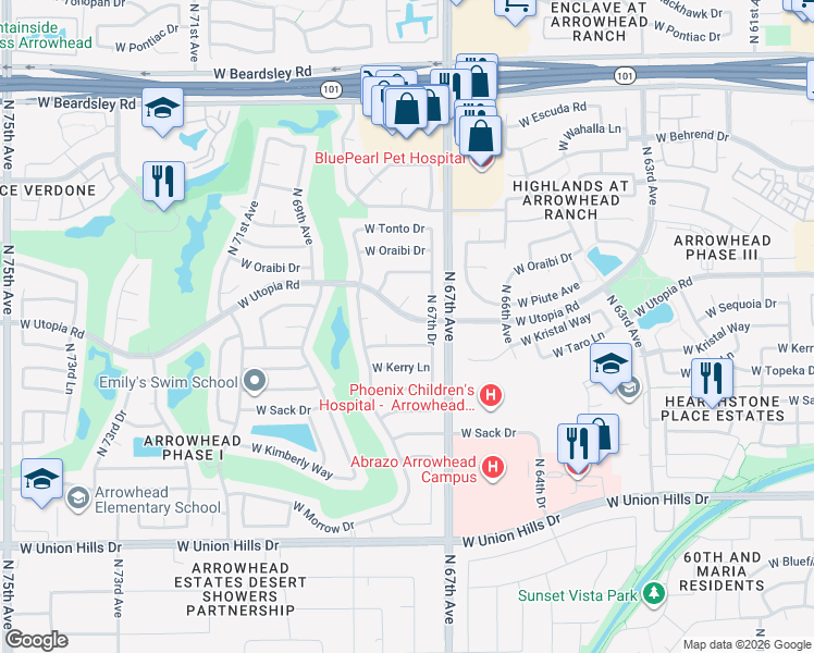 map of restaurants, bars, coffee shops, grocery stores, and more near 6719 West Utopia Road in Glendale