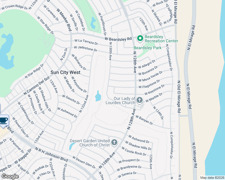 map of restaurants, bars, coffee shops, grocery stores, and more near 19227 North 130th Avenue in Sun City West