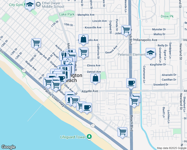 map of restaurants, bars, coffee shops, grocery stores, and more near 310 Huntington Street in Huntington Beach