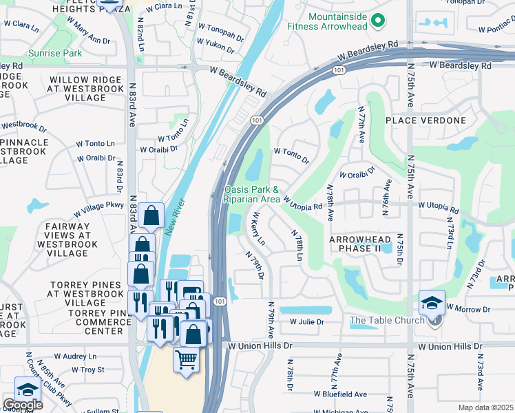 map of restaurants, bars, coffee shops, grocery stores, and more near 7830 West Kerry Lane in Glendale