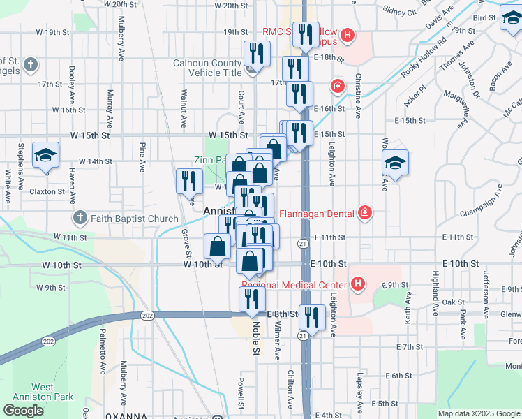 map of restaurants, bars, coffee shops, grocery stores, and more near 1201 Noble Street in Anniston