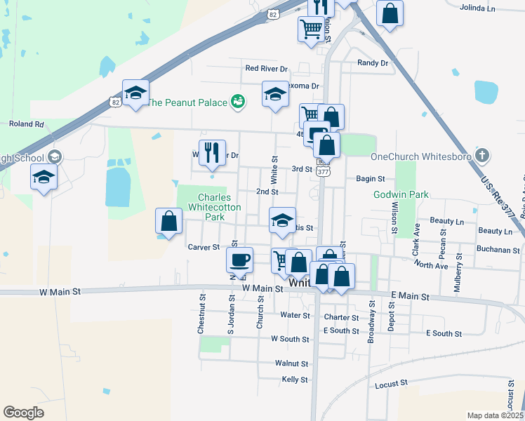 map of restaurants, bars, coffee shops, grocery stores, and more near 100 D Street in Whitesboro