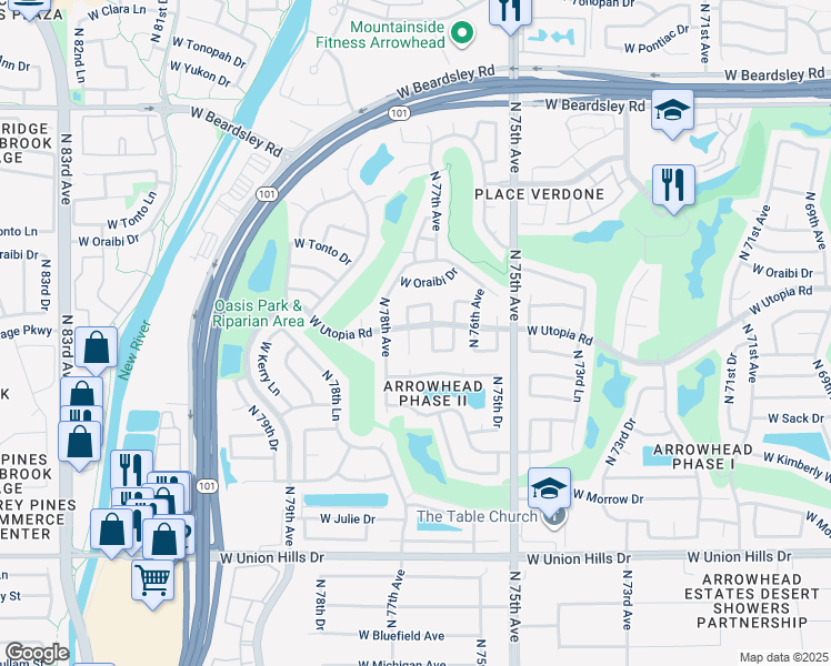 map of restaurants, bars, coffee shops, grocery stores, and more near 19323 North 77th Drive in Glendale