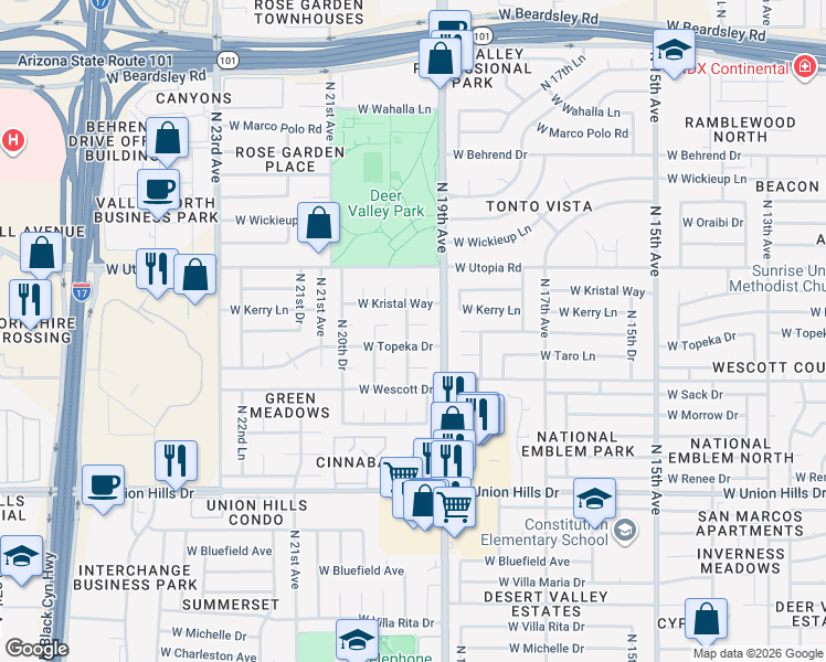 map of restaurants, bars, coffee shops, grocery stores, and more near 1923 West Kerry Lane in Phoenix