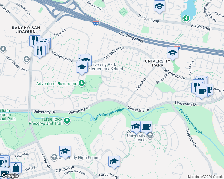 map of restaurants, bars, coffee shops, grocery stores, and more near 4712 Royce Road in Irvine