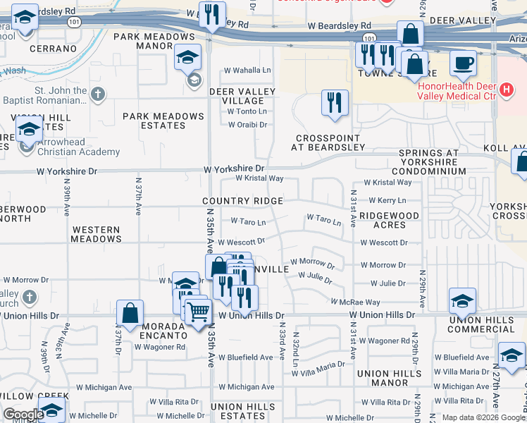 map of restaurants, bars, coffee shops, grocery stores, and more near 3301 West Topeka Drive in Phoenix