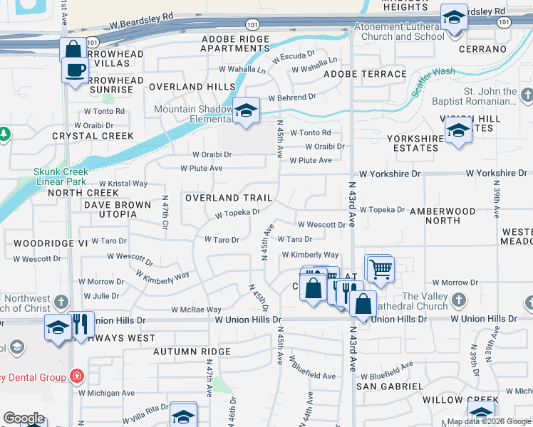 map of restaurants, bars, coffee shops, grocery stores, and more near 4470 West Wescott Drive in Glendale