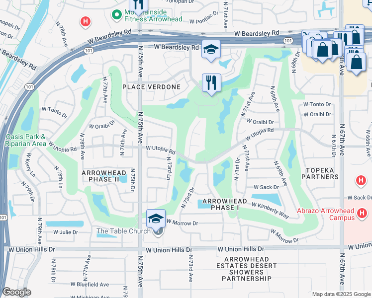 map of restaurants, bars, coffee shops, grocery stores, and more near 19428 North 73rd Avenue in Glendale