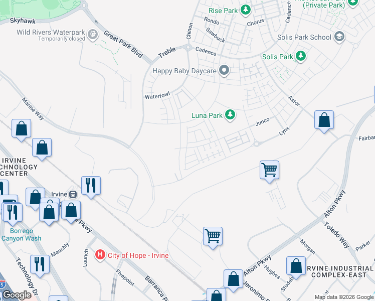 map of restaurants, bars, coffee shops, grocery stores, and more near in Irvine