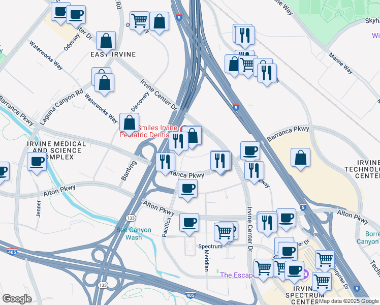 map of restaurants, bars, coffee shops, grocery stores, and more near 100 Pacifica in Irvine
